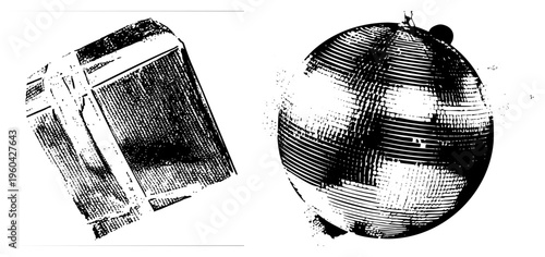 Halftone disco ball reflecting light, gift box with ribbon, vector art, retro style, isolated objects, black and white illustration, festive design.