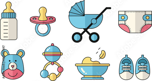 Baby Care and Newborn Essentials Vector Set Featuring Bottle, Pacifier, Stroller, Diaper, Toy, Bathtub and Shoes Cute Infant Items Collection