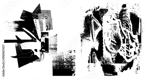 Fragmented geometric forms in high contrast halftone, abstract composition with sharp negative space, digital glitch art, vector deconstruction, stylized texture, graphic distortion.