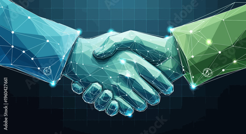 Digital handshake, abstract geometric connection, technology partnership, blue and green.
