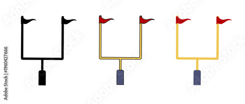 American football goal post icon set with flags in flat and line art style for sports game design and illustration