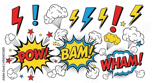 Comic Book Sound Effects POW BAM WHAM Explosions and Lightning Bolts