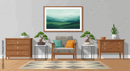 Cozy Living Room Corner with Bonsai Trees, Armchair, and Landscape Art