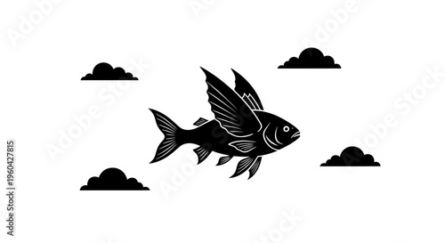 Flying Fish Silhouette with Wings and Clouds Concept, Dream and Freedom Surreal Illustration, Imagination and Ambition Abstract Design, Ocean Life in the Sky Symbol