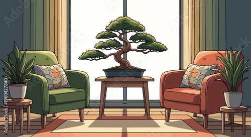 Cozy living room with bonsai tree, armchairs, and plants by the window