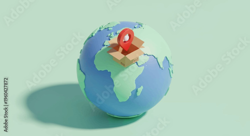 Global delivery service concept: earth with open box and location pin