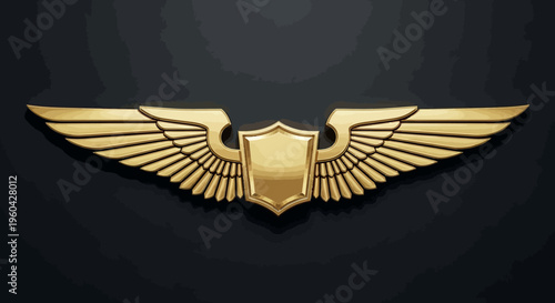 Golden Pilot Wings Badge Emblem with Shield on Dark Background