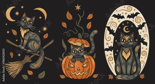Halloween Black Cats: Witch Broom, Pumpkin Jack-o-lantern, Bats & Moon