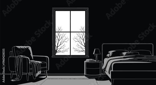 Grayscale minimalist bedroom interior with a comfortable bed, cozy armchair, and a window showing a tranquil full moon and bare trees.