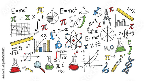 Math and Science Doodle: A vibrant doodle showcases the core elements of science and mathematics, with a playful blend of equations, diagrams, and scientific apparatus.
