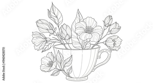 Elegant floral arrangement in a teacup, delicate line art illustration