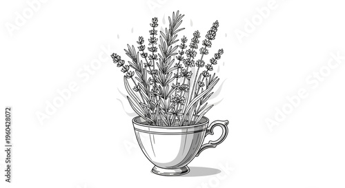 Hand-drawn illustration of lavender in a teacup, symbolizing aromatherapy and relaxation