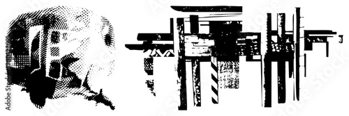 Black and white vector composition of fragmented forms, halftone texture, graphic art, abstract architecture, stylized urban silhouette, isolated elements, modern minimalism.