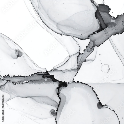 A grayscale abstract artwork with fluid shapes and textures