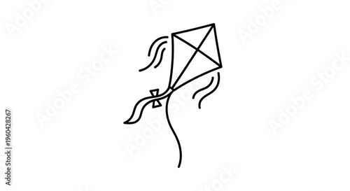 Minimalist Kite Flying in Wind, Simple Line Art Icon, Outdoor Activity, Summer Fun