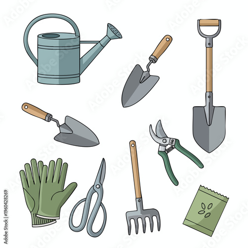 Assorted gardening tools, including a watering can, shovels, trowels, gloves, and seeds