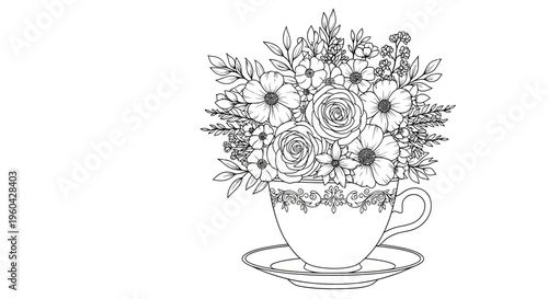 Elegant Floral Arrangement in Vintage Teacup and Saucer, Black and White Line Art