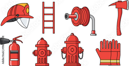 Fire Safety and Firefighter Equipment Vector Set Featuring Helmet, Ladder, Hose Reel, Axe, Extinguisher, Hydrant and Protective Gloves Icons