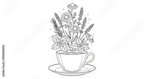 Herbal Tea Cup Illustration: Fresh Herbs and Flowers in a Teacup