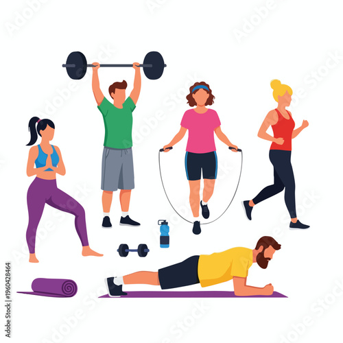 Diverse group performing various exercises, including weightlifting, jumping rope, running, and planking