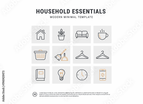 A collection of modern minimal icons depicting various household essentials on a clean surface.