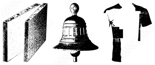 Classic bell, textured brick wall section, fragmented abstract sculpture, halftone style, vector art, isolated elements for design.