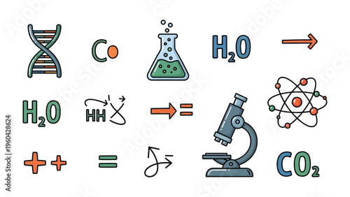 Science Symbols: A collection of various science symbols, each representing essential elements and concepts within the realm of scientific study and innovation.