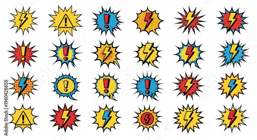 Explosion Comic Style Icons: Lightning Bolts, Exclamation Marks, Warning Signs