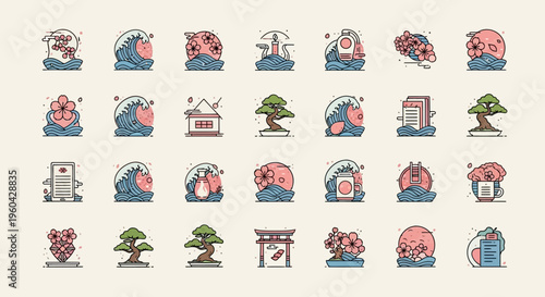 Japanese Icons: Cherry Blossoms, Bonsai Trees, Waves, and Torii Gates