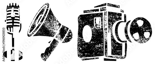 Retro broadcast gear symbols including mic, megaphone, camera, film reel, grainy texture, vector set, production tools.
