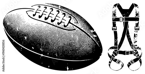 Football with laces and textured surface, harness with straps and buckles, safety equipment, outdoor gear, sport and adventure.