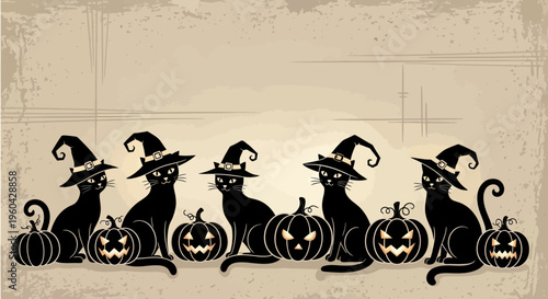 Halloween Black Cats and Pumpkins Silhouette on Vintage Background