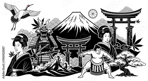 Japan Montage: Samurai, Geisha, Sumo, Mt. Fuji, Crane, Torii Gate