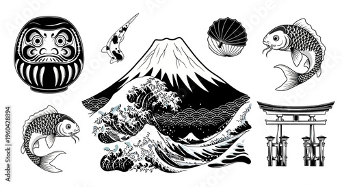 Japanese Traditional Symbols: Mt. Fuji, Wave, Koi Fish, Daruma Doll, Torii Gate