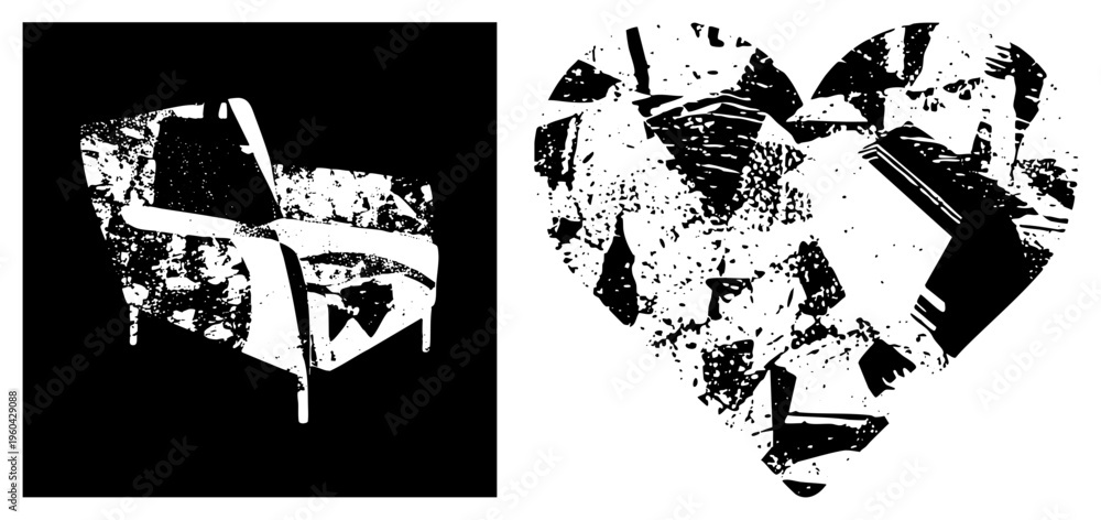 Fototapeta premium Shattered heart with textured glass, distressed halftone, graphic art, emotional symbolism, vector, digital illustration.