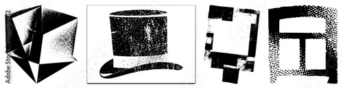 Four vector using halftone textures 3D cube, top hat, fragmented rectangle, and window frame. Isolated graphic elements with dot based shading for vintage or retro aesthetic.