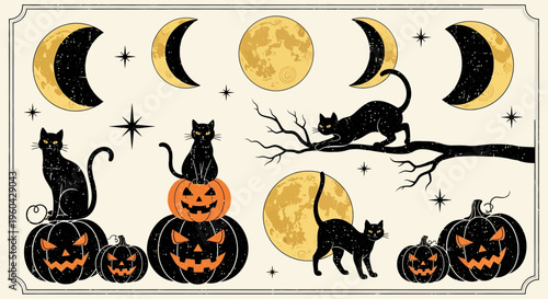 Mystical Black Cats and Pumpkins Under a Crescent Moon Sky - Halloween Vibes