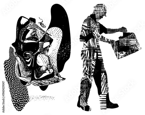 Silhouetted human form holding object, abstract sculpture with dot, graphic illustration, black and white vector design, artistic texture.