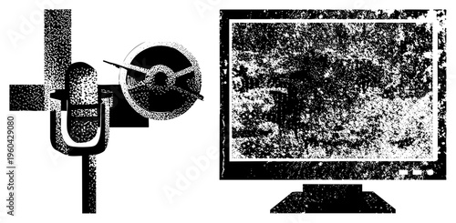 Retro microphone and graphic, halftone texture, vector illustration, production symbols, isolated design elements.