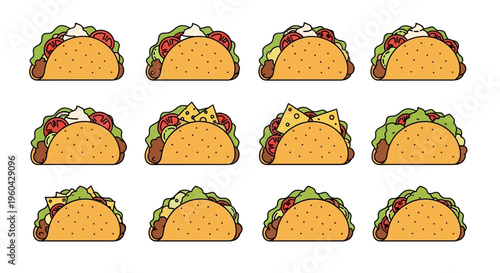 Taco Variety Pack: Delicious Mexican Fast Food Icons, Flat Design