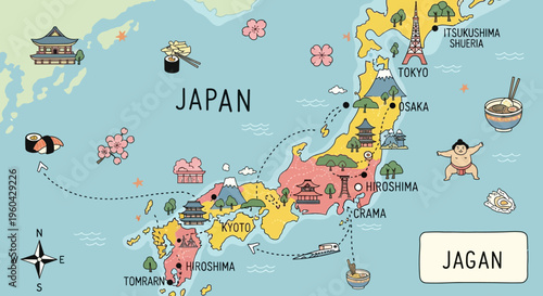 Illustrated Map of Japan with Landmarks, Food, and Culture Icons