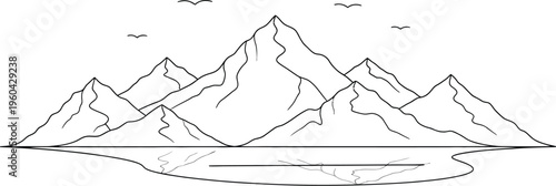 Minimalist black and white outline drawing depicts majestic mountain range reflection over calm water surface below birds flying.