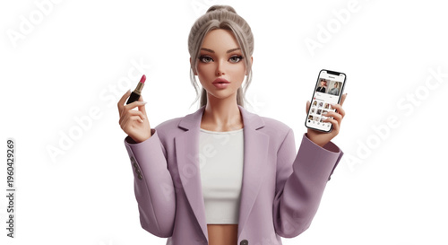 Influencer applying makeup while checking social media on smartphone, beauty concept