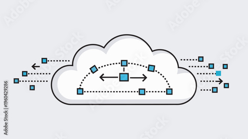A cloud computing concept with data transfer and storage illustrated in a simple graphic design