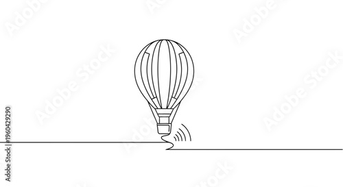 Minimalist hot air balloon outline flying over a line, representing travel and freedom