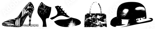 Fashion accessories including high heels, sneakers, handbag, bowler hat, stylized vector art, retro textures, isolated cutout style.