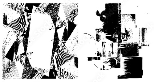 Fragmented black and white graphic with bold geometric forms, halftone textures, and high contrast, modern art composition, digital vector design.
