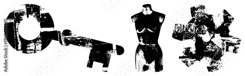 Stylized mechanical gear, fashion mannequin torso, and fragmented organic shapes rendered in high contrast vector art. Graphic design elements with distressed texture, isolated foreground elements.