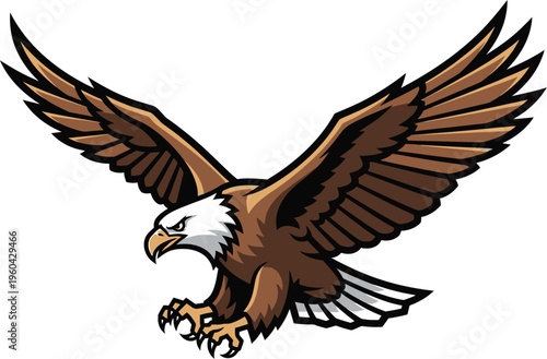 Majestic cartoon bald eagle mascot in mid flight with wings spread wide preparing to land fiercely