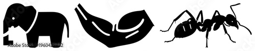 Black silhouette of elephant, leaf, and ant, flat vector graphic, isolated symbols, nature and wildlife motifs, clean style.